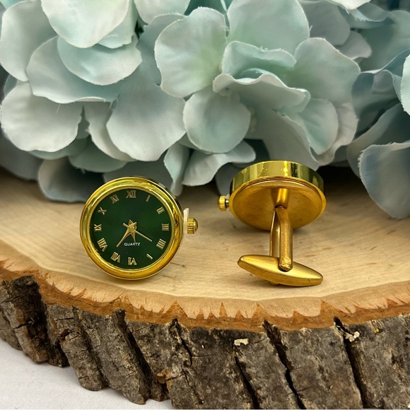 Emerald Green and Gold Quartz Watch Cufflinks - Picture 7 of 16